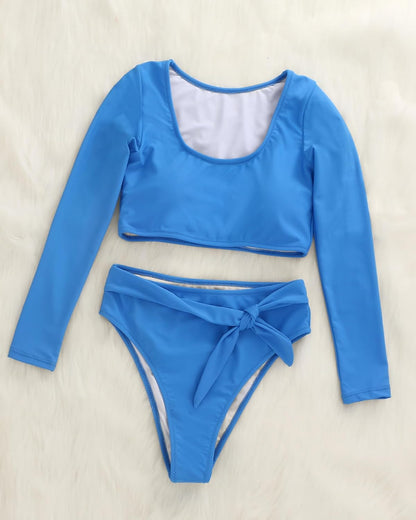 Womens Two Piece Swimsuits High Waisted Bikini Set Rash Guard Bathing Suit Long Sleeve Swimwear Crop Top Teen Girls